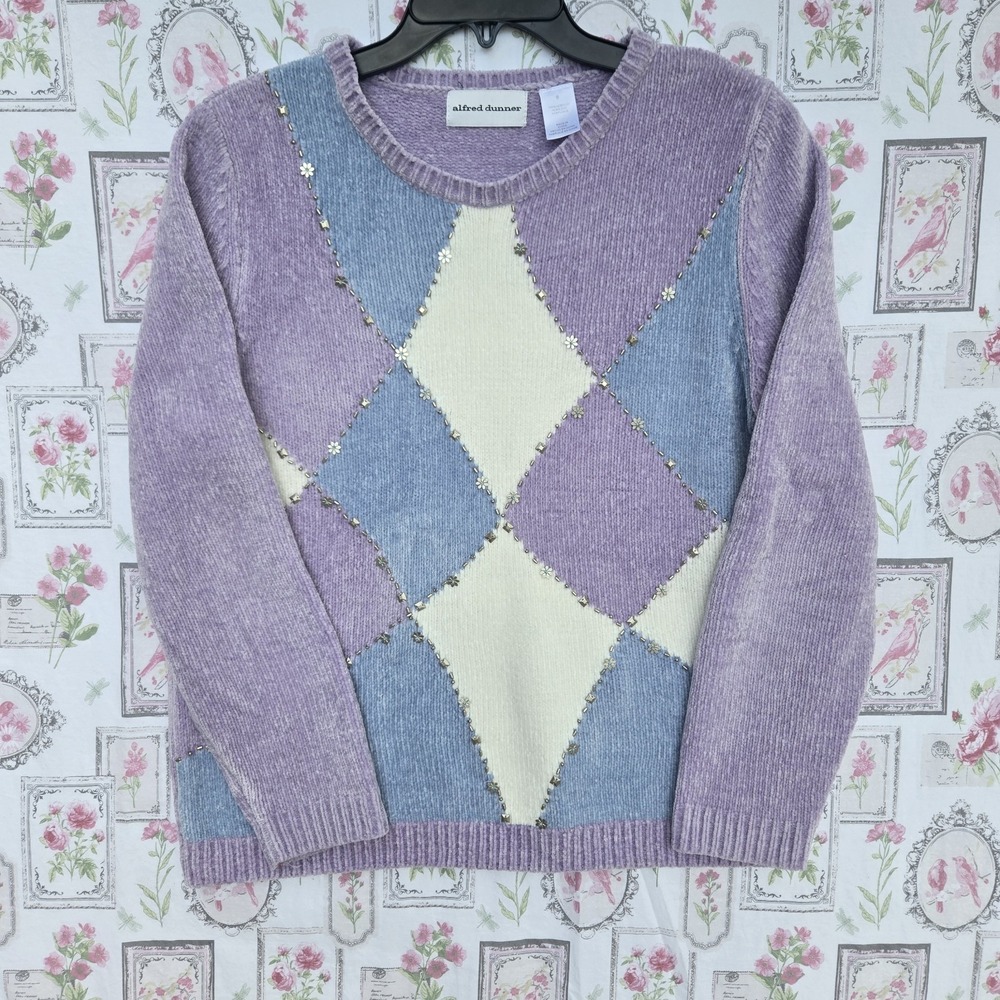 Alfred Dunner‎ Women's S Pastel Argyle Beaded Crewneck Sweater Lilac Blue White